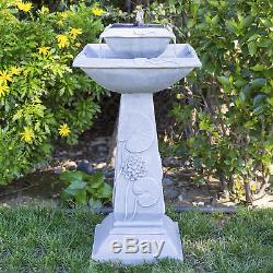 2-Tier Outdoor Solar Water Fountain Elegant BirdBath w LED Lights Garden Backyar