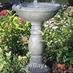 Garden Birdbath Solar Power Fountain Gray Stone Finish Backyard Patio Water Bowl