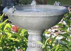 Garden Birdbath Solar Power Fountain Gray Stone Finish Backyard Patio Water Bowl