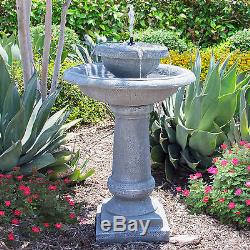 Solar Power Pedestal Fountain Bird Bath Weathered Stone-Look 2 Tier Yard Garden