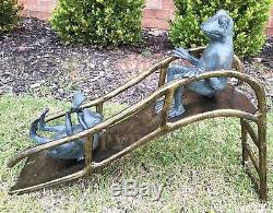 Two Happy Frogs Sliding On Playground Slide Statue Alumunium Garden Large 25L