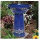 Blue Ceramic Solar Birdbath Fountain Outdoor Garden Water Feature Patio Basin