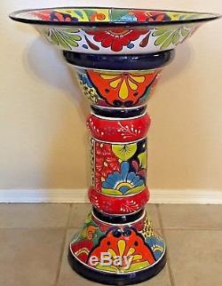 Talavera Mexican Pottery Large 27x19 Bird Bath Pedestal Ceramic Birdbath Garden