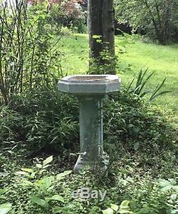 Vtg 33Tall-Large-English-Old Blue Pedestal Bird Bath-Garden Concrete/Cement
